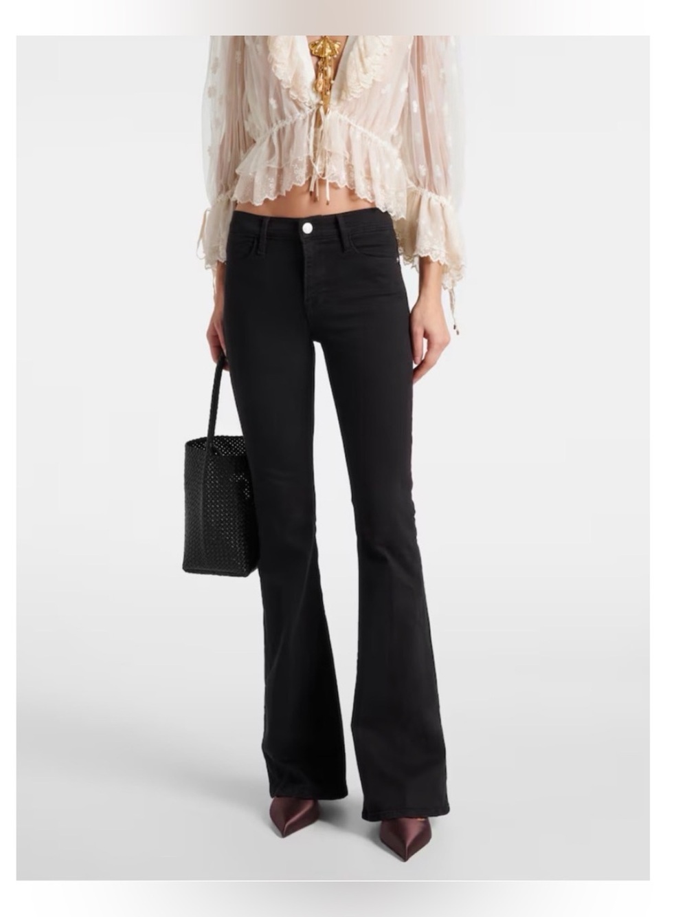 Frame Le High Flare Black Denim Jeans, Size 30 Trendy Retro Bell Bottom